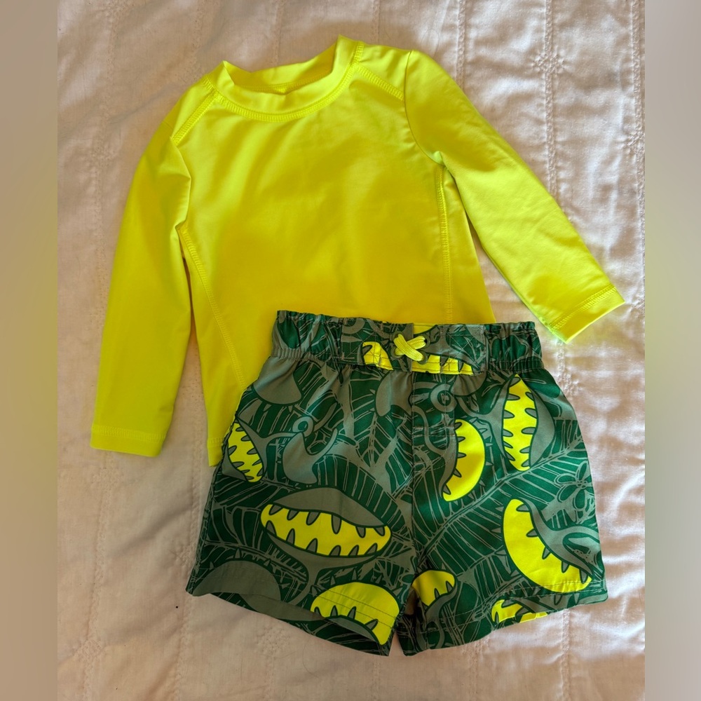 NWOT! Boy Swim Trunks and Rash Guard Shirt - Hawaiian Yellow - 12 to 18 Months